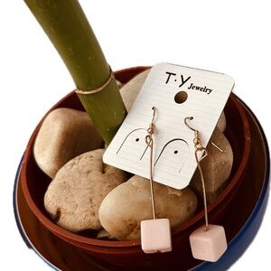 Elegant Goldplated Pink Minimalist Cube Drop Dangle TY Korean Fashion Earrings